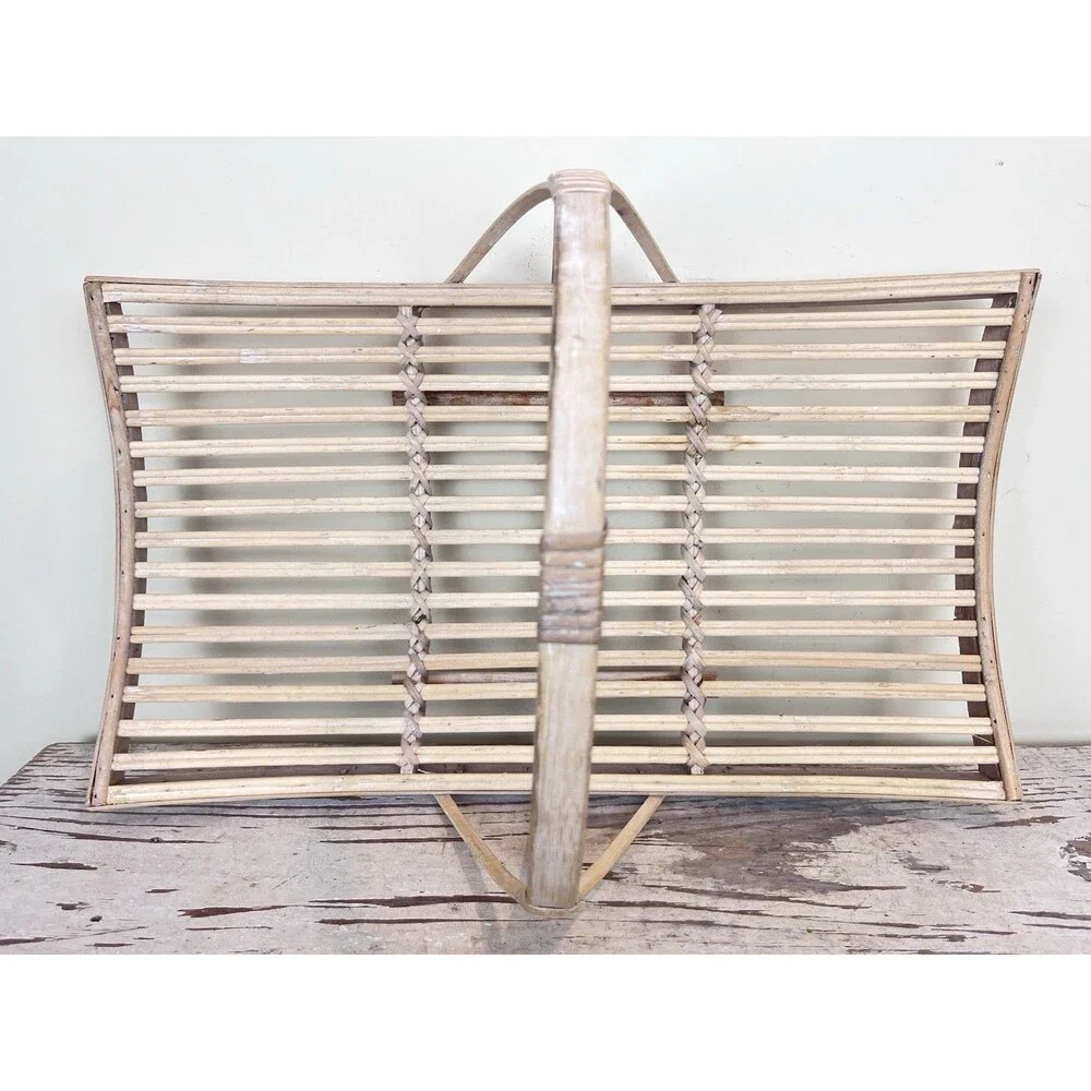 Vintage White Washed Bent Bamboo Garden Trug Handled Flower Basket 20”